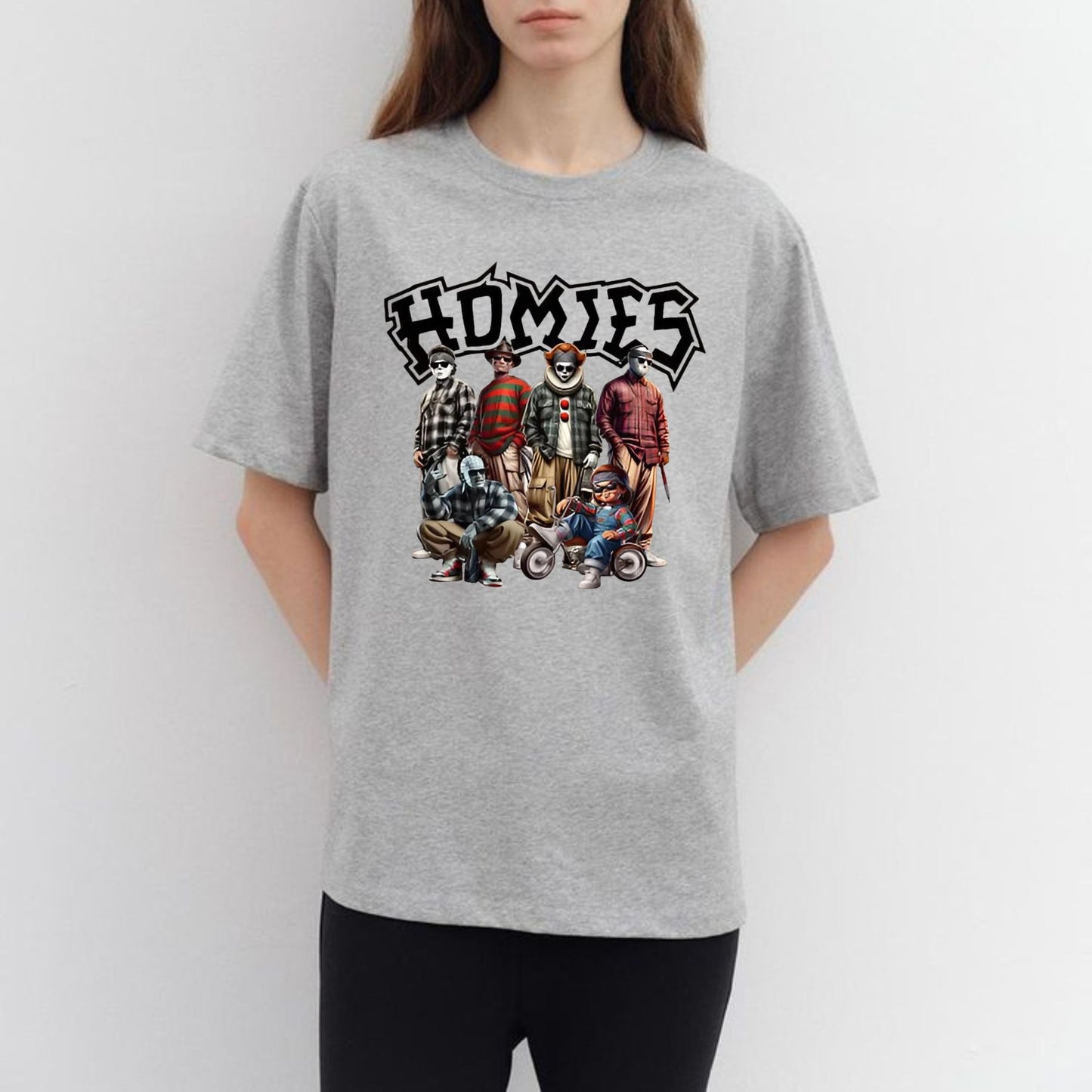 "Homies Horror" Movie Villains T-Shirt - Funny Chicano Lowrider Style Tee, Urban Halloween Streetwear