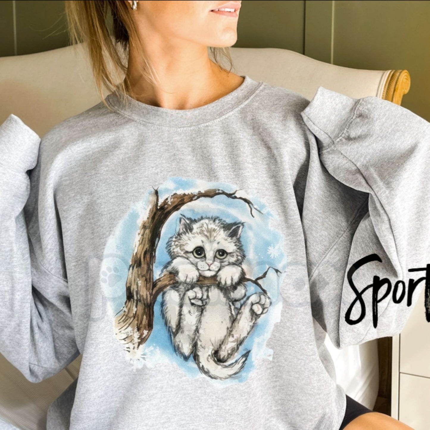 Vintage Kitten Graphic Sweatshirt | Cute Sad Cat in Winter Tree Crewneck | Retro Distressed Kitten Pullover | Coquette Aesthetic Cat Jumper | Whimsical Winter Animal Shirt | Soft Girl Era Cat Lover Gift