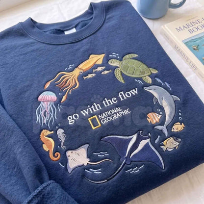 "Go With The Flow" Embroidered Sweatshirt – Marine Life Coastal Pullover