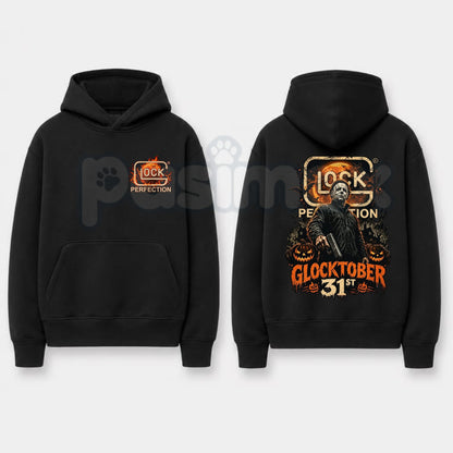 Michael Myers Glocktober 31st Double-Sided Graphic Hoodie – Halloween Horror Tactical Slasher Pullover, Spooky Season Gun Humor Sweatshirt, Unisex Heavy Blend