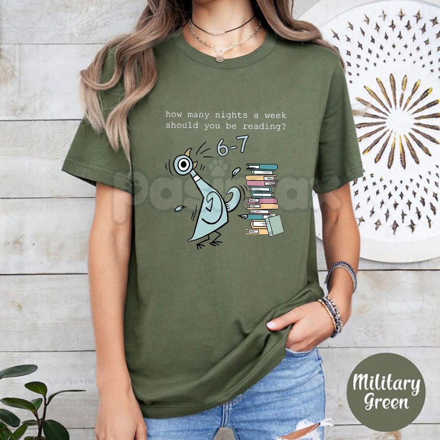 "How Many Nights A Week Should You Be Reading 6-7" Shirt - Pigeon Elephant Piggie Children's Books Tee, Funny Reading Slogan, Mo Willems Fan Gift