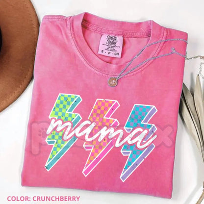 Comfort Colors® Lightning Checkered Neon Mama T-Shirt – Retro Neon Bolt Mom Tee, Aesthetic Checkered Mama Graphic Shirt, Trendy Mother’s Day Gift