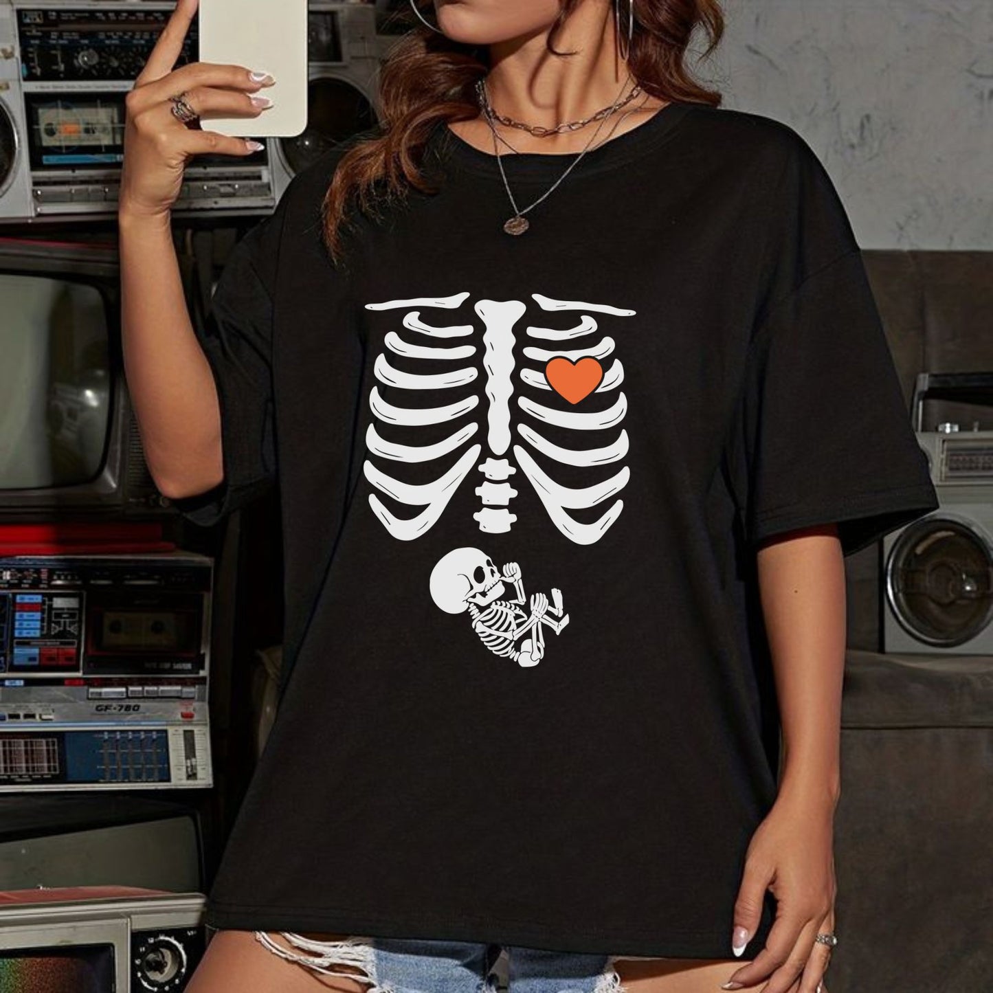 Skeleton Halloween Maternity T-Shirt - Funny Pregnancy Announcement Tee, Spooky Baby Reveal