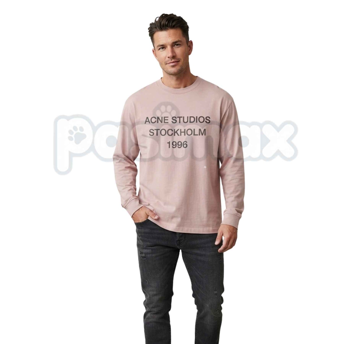 Vintage Stockholm 1996 Printed Dusty Pink Long Sleeve Tee – Retro European Graphic Shirt for Men & Women