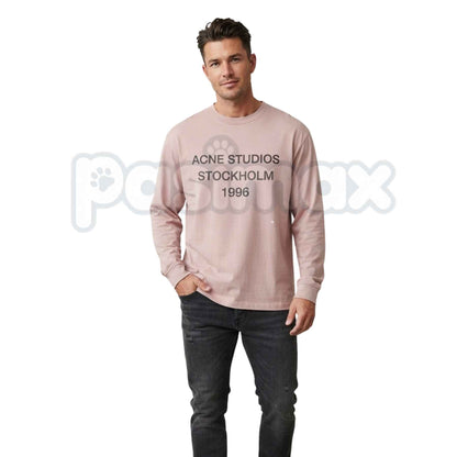 Vintage Stockholm 1996 Printed Dusty Pink Long Sleeve Tee – Retro European Graphic Shirt for Men & Women