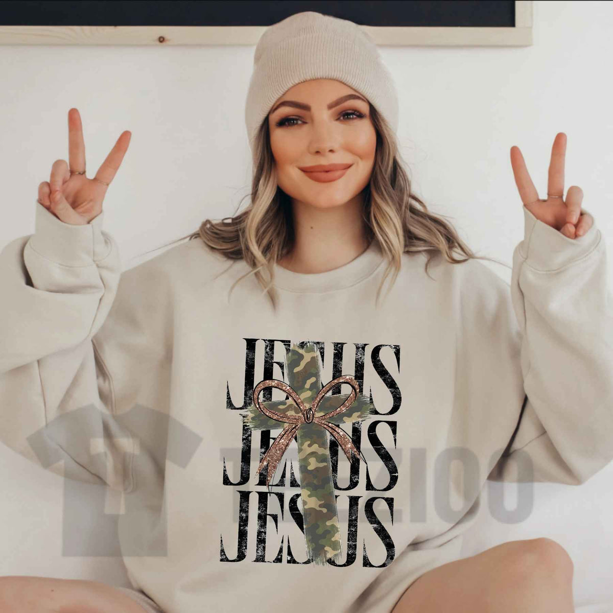 Camo Pattern Jesus Sweatshirt | Vintage Woodland Faith Graphic Top