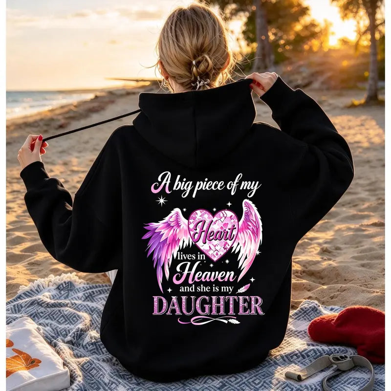 A Big Piece Of My Heart Lives In Heaven Memorial Back Print Hoodie – In Loving Memory Graphic Pullover, Angel Wing Remembrance Sweatshirt, Unisex Heavy Blend