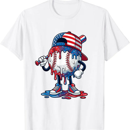 Baseball Drip Patriotic Ice Cream US Flag T-Shirt – Funny 4th of July Sports Graphic Tee