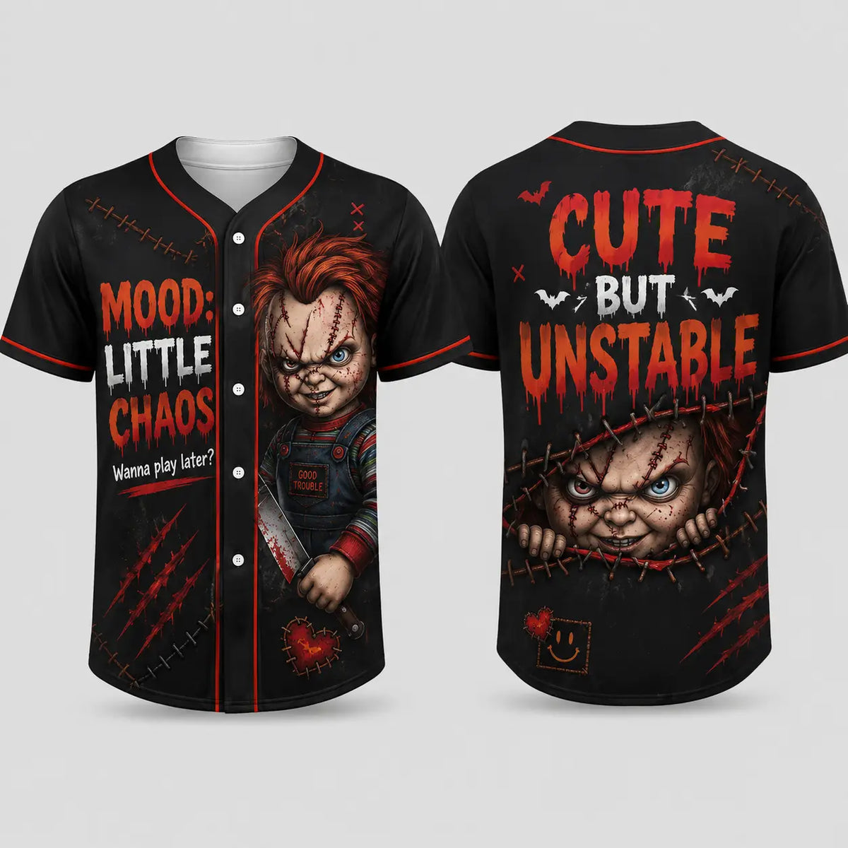 Unisex Horror Graphic Print Baseball Jersey – Slasher Theme Button-Up & Spooky Party Wear