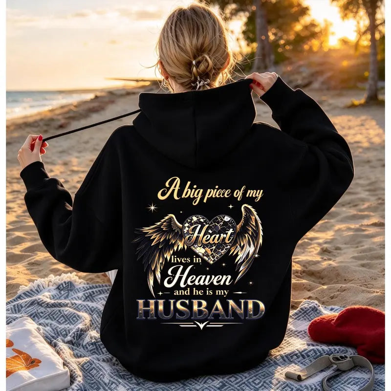 A Big Piece Of My Heart Lives In Heaven Memorial Back Print Hoodie – In Loving Memory Graphic Pullover, Angel Wing Remembrance Sweatshirt, Unisex Heavy Blend