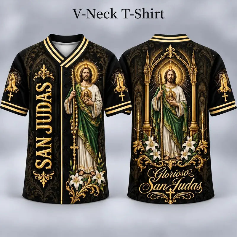 (Pre Order) San Judas Tadeo V-Neck T-Shirt & Baseball Jersey – Religious St. Jude Thaddeus Faith Shirt
