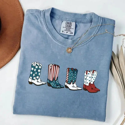 Comfort Colors® Patriotic Cowboy Boots T-Shirt – Fourth of July Western Graphic Tee, Retro Americana Cowgirl Shirt, Cute USA America Top