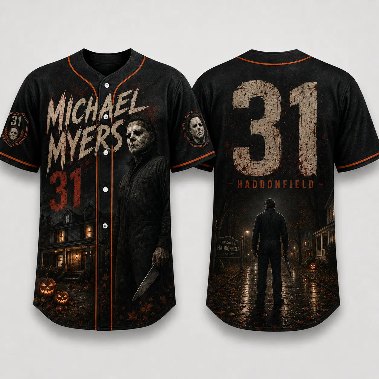 Horror Slasher Baseball Jersey – Gothic Halloween Button Front Shirt & Dark Character Graphic Top