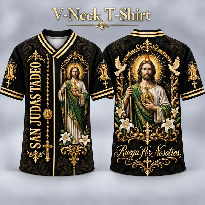 (Pre Order) San Judas Tadeo V-Neck T-Shirt & Baseball Jersey – Religious St. Jude Thaddeus Faith Shirt