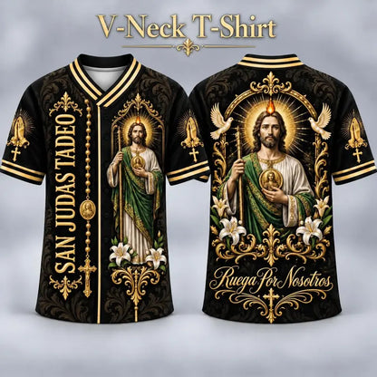 (Pre Order) San Judas Tadeo V-Neck T-Shirt & Baseball Jersey – Religious St. Jude Thaddeus Faith Shirt