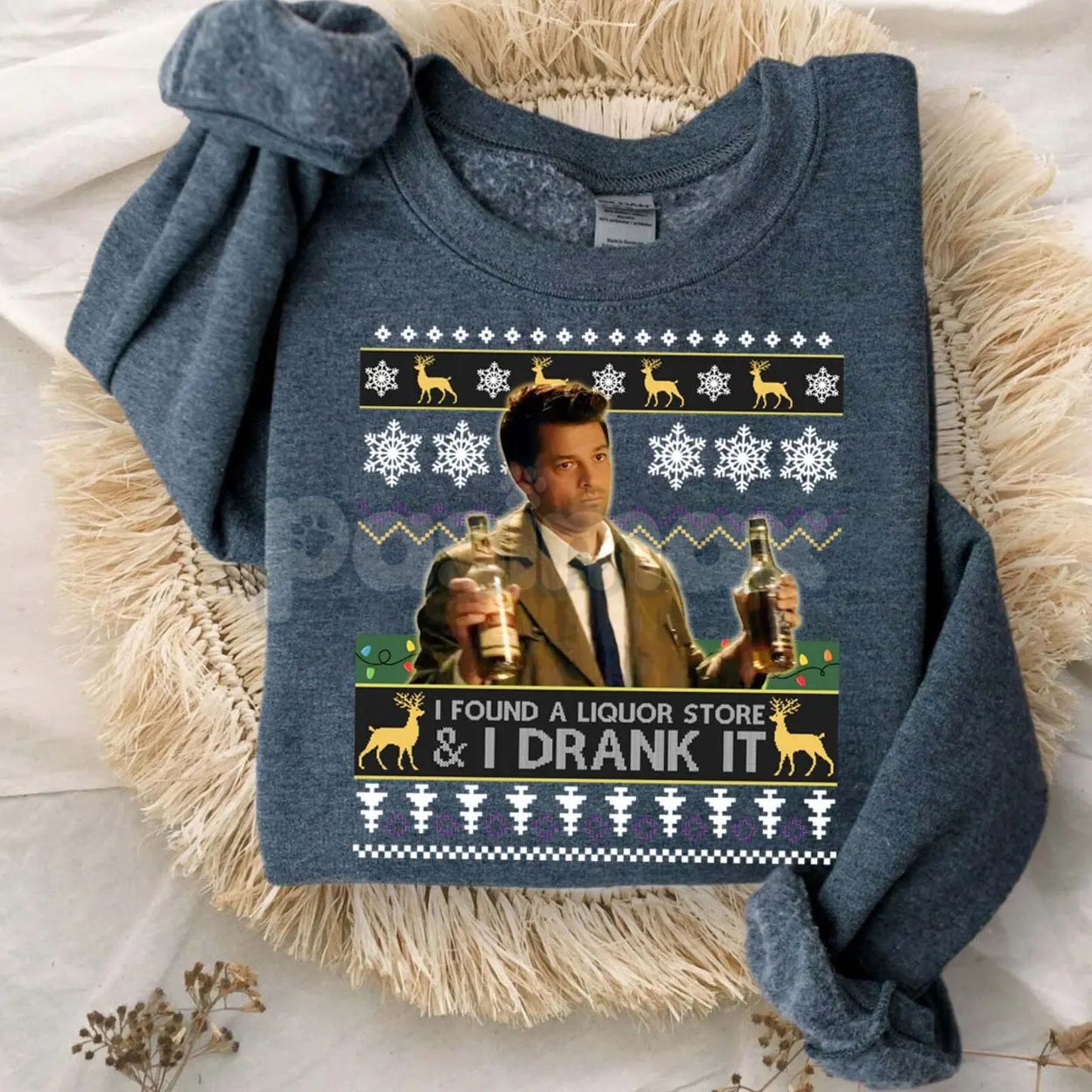 "I Found A Liquor Store And I Drank It" Ugly Sweater | Supernatural Moments Quote Funny Christmas Shirt | Dean Winchester Jumper