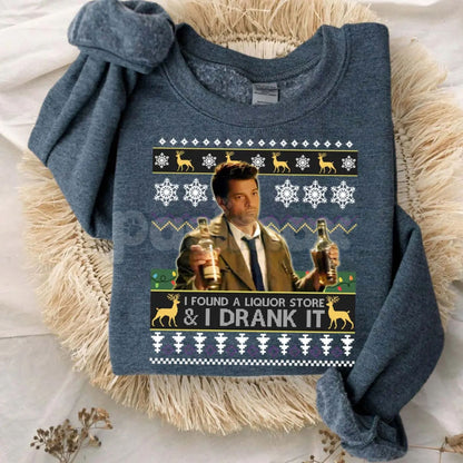 "I Found A Liquor Store And I Drank It" Ugly Sweater | Supernatural Moments Quote Funny Christmas Shirt | Dean Winchester Jumper