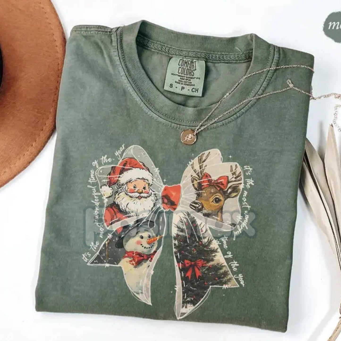 Comfort Colors® Cozy Women's Christmas T-Shirt – Nostalgic Holiday Bow Tee, Eco-Friendly Santa Reindeer Shirt, Vintage Winter Blue Jean