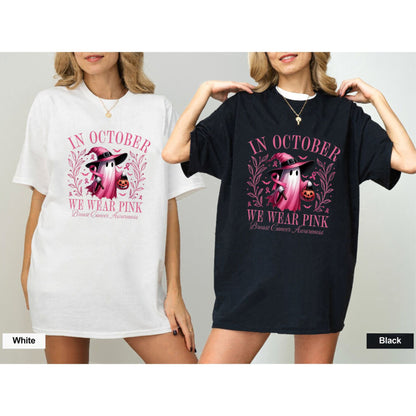 In October We Wear Pink Ghost T-Shirt - Breast Cancer Awareness & Halloween Tee, Pink Ribbon Shirt