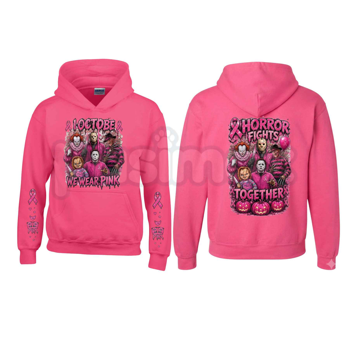 Heliconia Horror October Hoodie – In October We Wear Pink Scary Movie Character Pumpkin Bat Graphic Pullover, Halloween Breast Cancer Awareness Sweatshirt