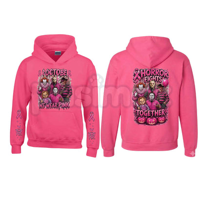 Heliconia Horror October Hoodie – In October We Wear Pink Scary Movie Character Pumpkin Bat Graphic Pullover, Halloween Breast Cancer Awareness Sweatshirt