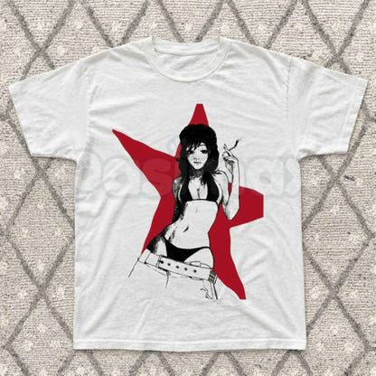 Cyberpunk Red Star Anime Girl T-Shirt – Vintage Futurist Unisex Graphic Tee