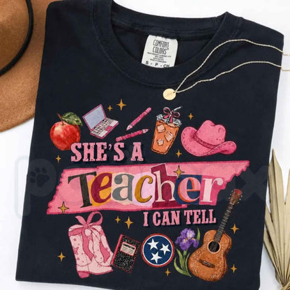 Comfort Colors® "She's A Teacher, I Can Tell" T-Shirt – Retro Aesthetic Funny Teacher Graphic Tee, Cute Back to School Gift, Whimsical Educator Unisex Top