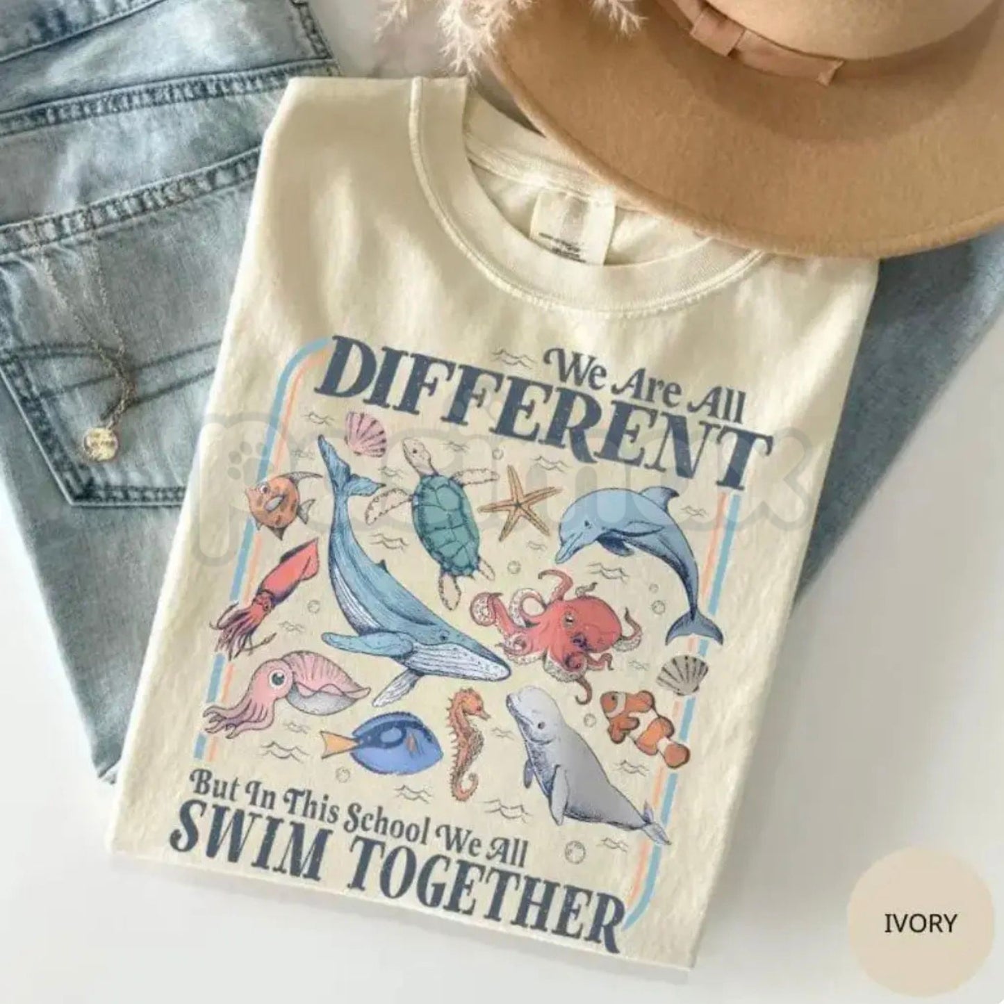Comfort Colors® "In This School We All Swim Together" Teacher Shirt – Colorful Under the Sea Inclusion Tee, Special Education SPED Advocate Top, Kindergarten Classroom Gift
