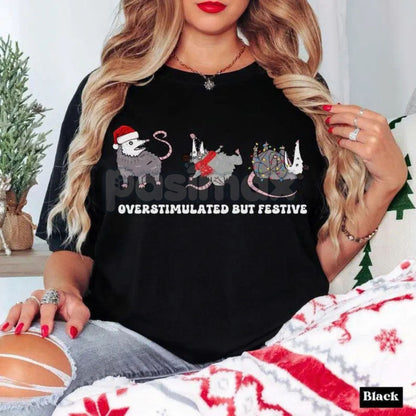 Comfort Colors® 'Overstimulated But Festive' Possum Christmas Shirt – Funny Holiday Possum Tee, Vintage Christmas Shirt