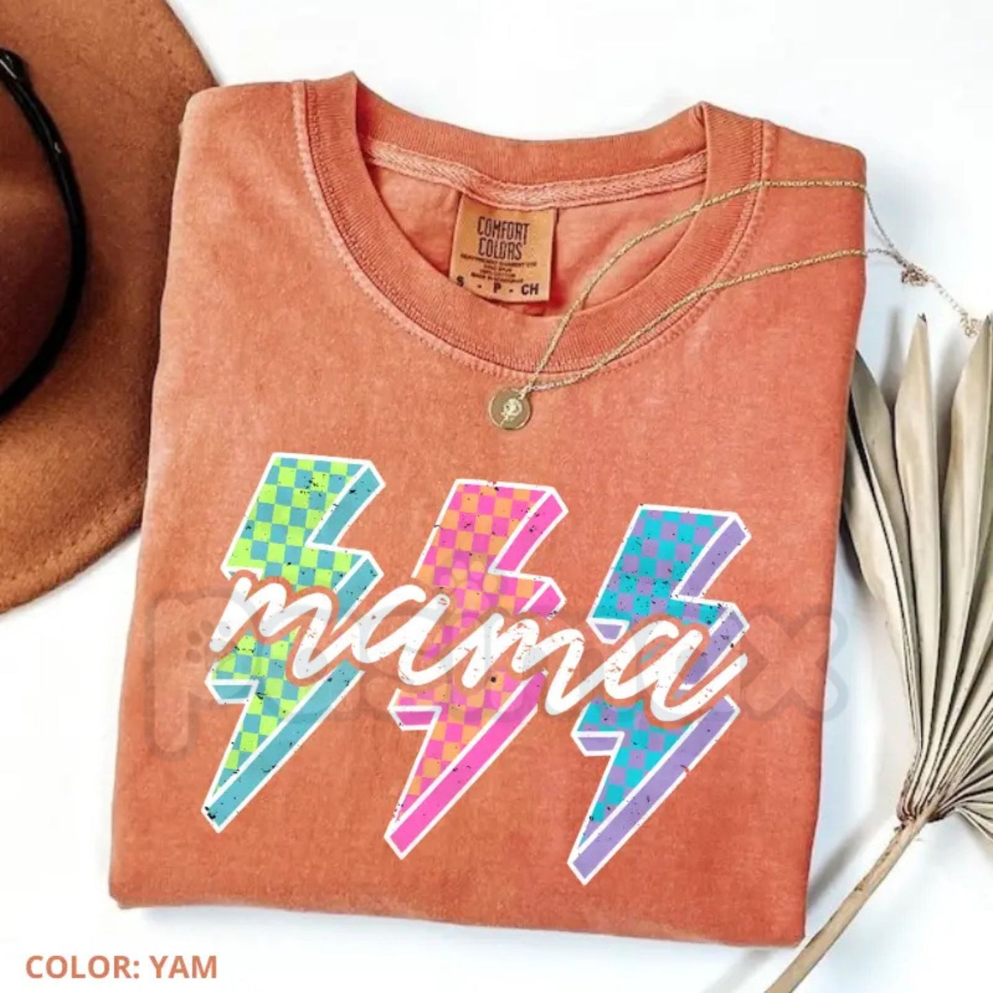 Comfort Colors® Lightning Checkered Neon Mama T-Shirt – Retro Neon Bolt Mom Tee, Aesthetic Checkered Mama Graphic Shirt, Trendy Mother’s Day Gift
