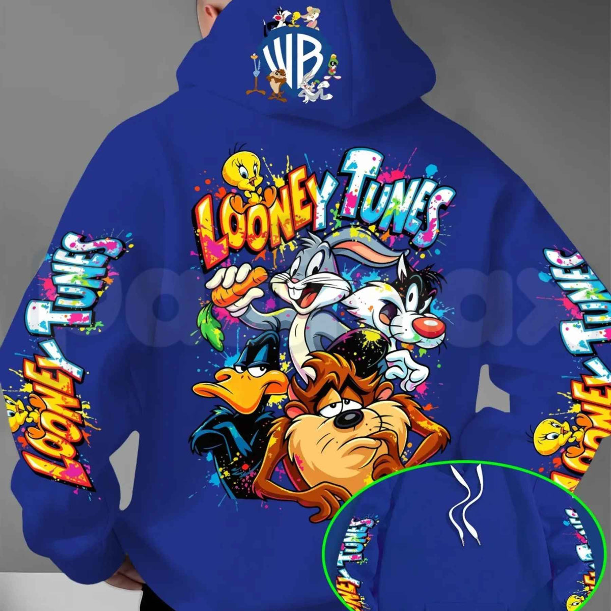 Men's Looney Tunes Back Print Hoodie – Vintage Cartoon Character Graphic Pullover, Retro Streetwear Long Sleeve Sweatshirt