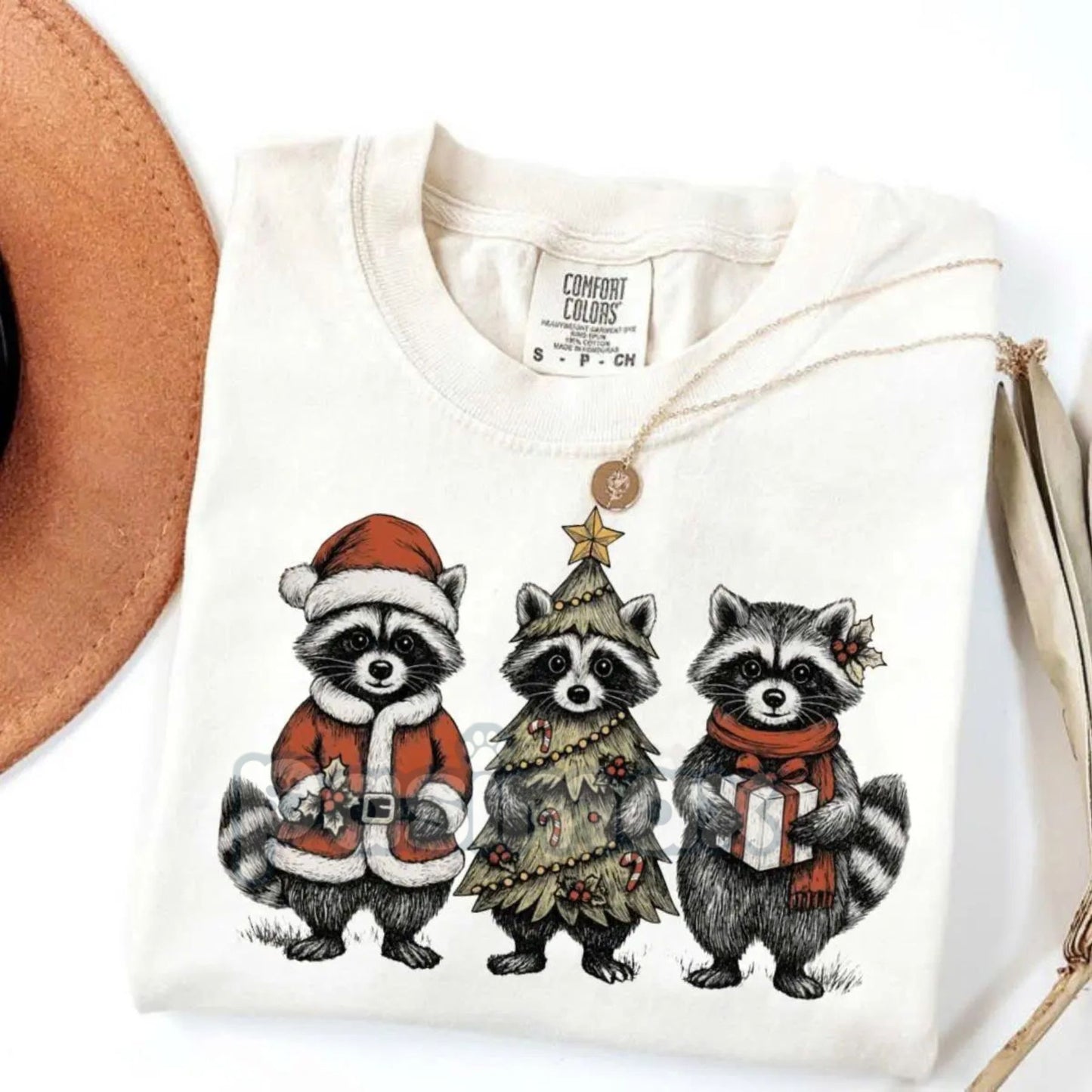 Comfort Colors® Festive Raccoon Family T-Shirt – Adorable Woodland Christmas Tee, Santa Hat Animal Gift