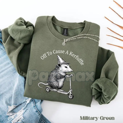 Off To Cause A Kerfuffle Sweatshirt | Funny Opossum Scooter Sweatshirt | Sarcastic Opossum Graphic Jumper | Chaos Energy Pullover | Whimsical Animal Meme Shirt | Weird Core Opossum Gift