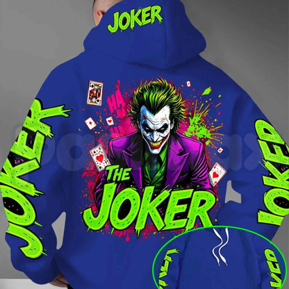 Men's Fluorescent Joker Print Hoodie – Neon Villain Graphic Pullover, Edgy Streetwear Cyberpunk Sweatshirt, Spooky Dark Comedy Gift