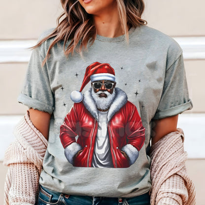 African American Santa Christmas Pajama-Style T-shirt - Black X-Mas Holiday Apparel, Inclusion Festive Tee, Unisex Family Photo Top