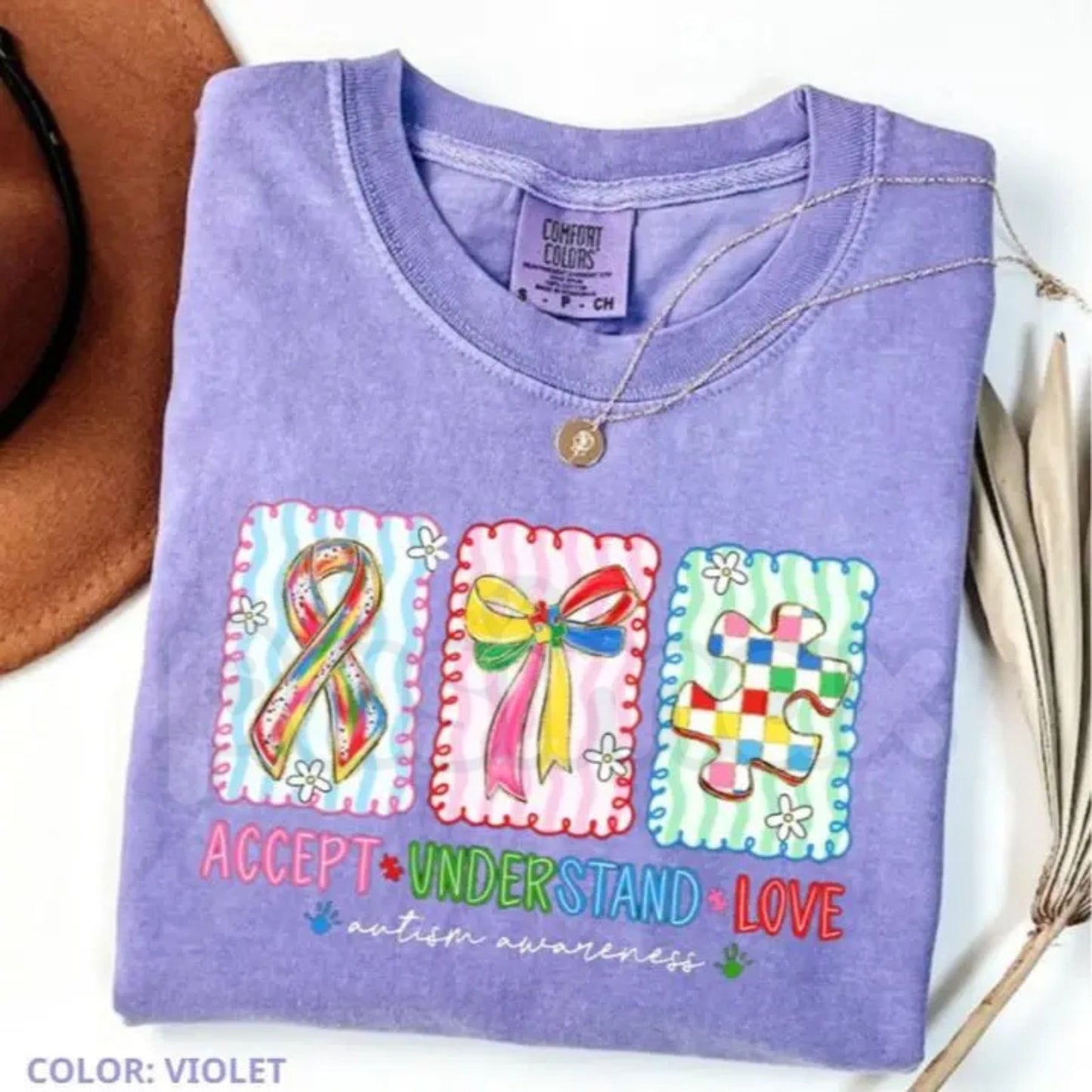 Comfort Colors® Autism Accept, Understand, Love T-Shirt – Trendy Coquette Bow Autism Mama Graphic Tee, Puzzle Piece Faith & Love Awareness Shirt