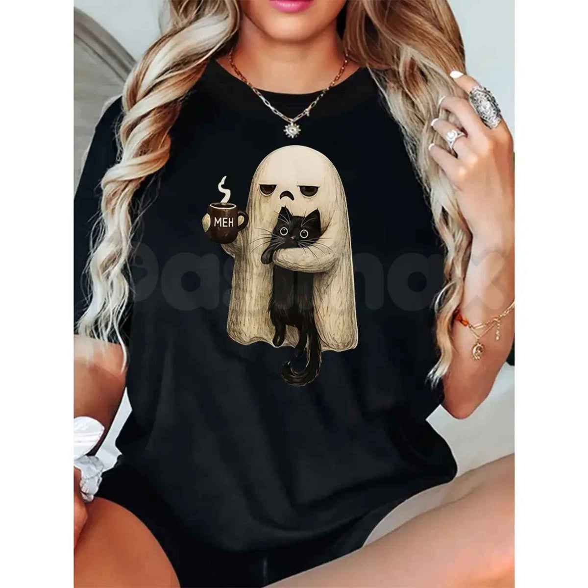 Ghost Cat Spooky Black Cat Halloween T-Shirt – Funny Coffee Lover Spooky Season Unisex Tee