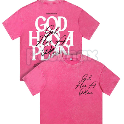 "God Has A Plan" Double Sided T-Shirt – Retro Washed Christian Letter Print, 230 GSM Cotton