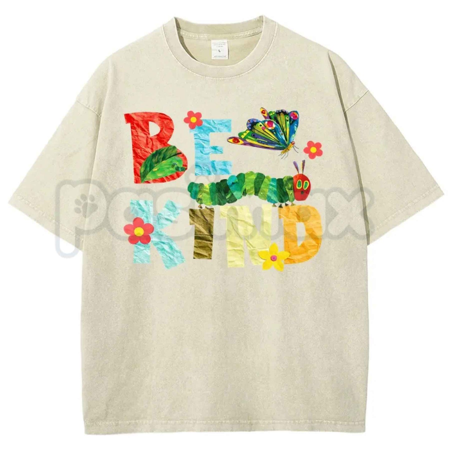 Be Kind Paper Collage Bug Butterfly Floral T-Shirt – Retro Cottagecore Graphic Tee, Vintage Washed Lightweight Cotton Botanical Unisex Top