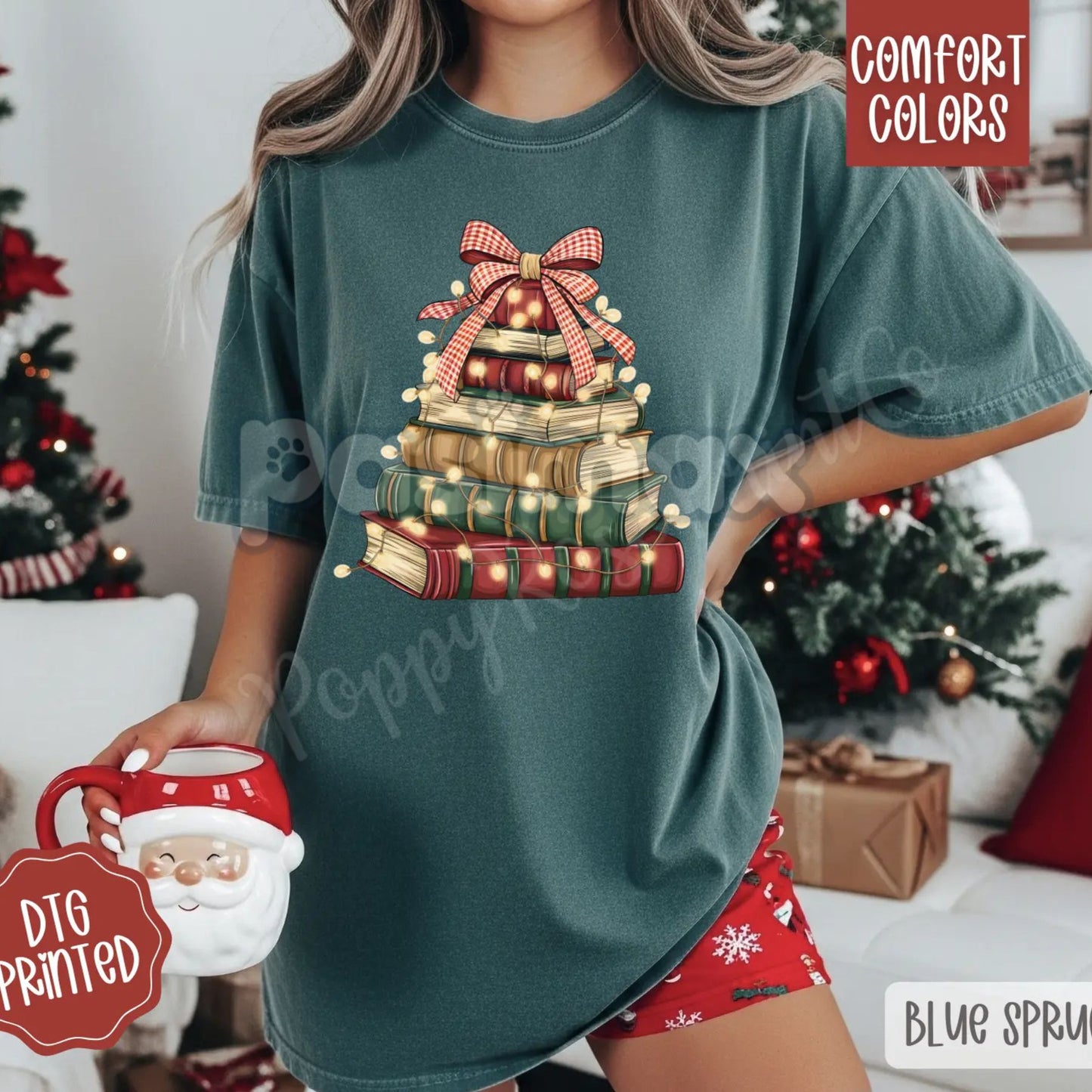 Comfort Colors® Book Stack Christmas Tree T-Shirt – Cozy Reading Holiday Apparel, Literary Gift for Readers