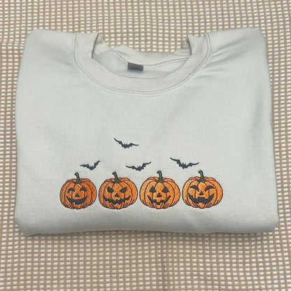 Embroidered Halloween Pumpkins & Bats Sweatshirt – Spooky Season Crewneck