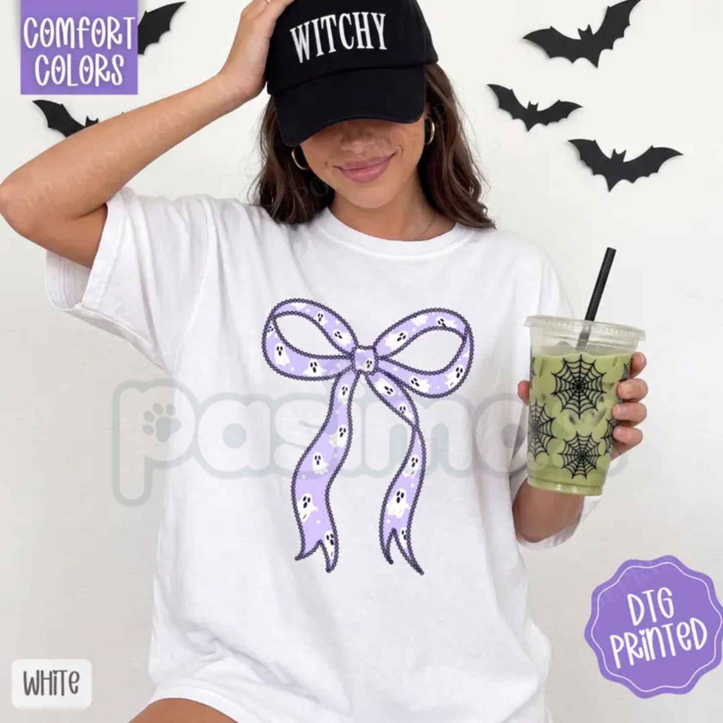 Comfort Colors® Purple Ghost Bow T-Shirt – Retro Spooky Season Coquette Aesthetic Graphic Tee, Vintage Halloween Unisex Top
