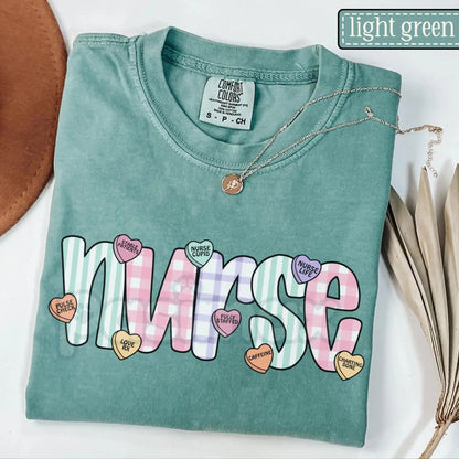 Comfort Colors® Groovy Nurse Valentine’s Tee – Retro Candy Heart Nursing Shirt, Boho Healthcare V-Day Gift, Vintage Pastel Medical T-Shirt