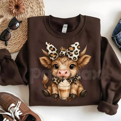 Highland Cow Iced Coffee Sweatshirt | Cute Cow with Leopard Bow & Scarf Jumper | Trendy Cattle Lover Gift | Cozy Farmhouse Crewneck