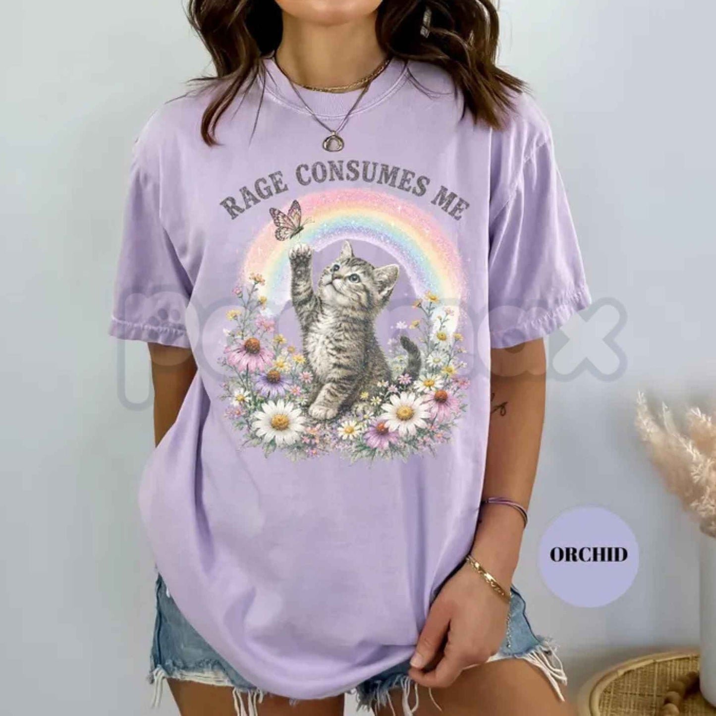 Comfort Colors® "Rage Consumes Me" Funny Cat T-Shirt – Retro Floral Kitten Rainbow Graphic Tee, Sarcastic Mental Health Unisex Top