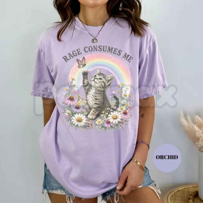 Comfort Colors® "Rage Consumes Me" Funny Cat T-Shirt – Retro Floral Kitten Rainbow Graphic Tee, Sarcastic Mental Health Unisex Top