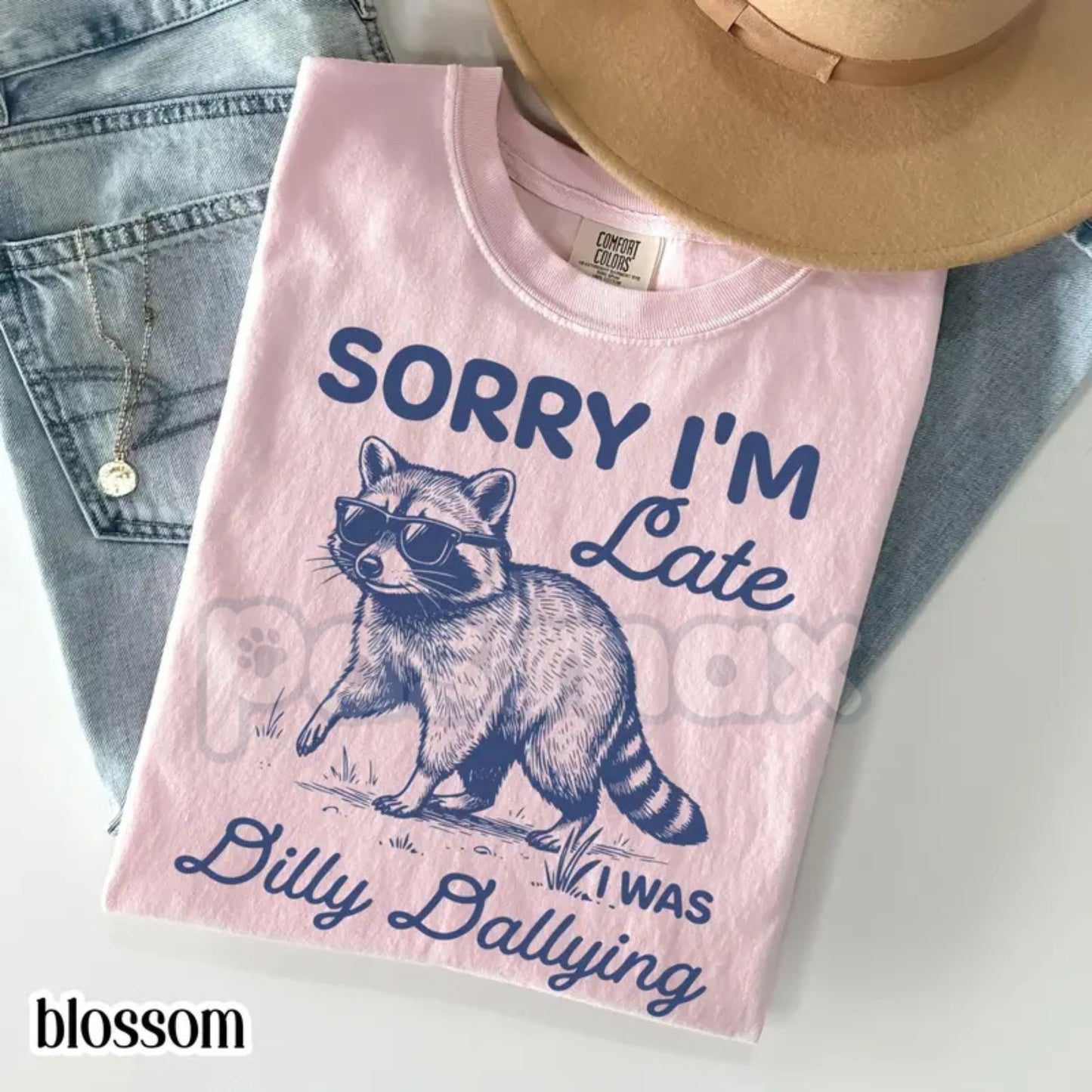 Comfort Colors® "Sorry I'm Late" Feral Raccoon T-Shirt – Funny Dilly Dallying Silly Animal Tee, Retro Raccoon Lover Gift, Mental Health Humor Graphic Top