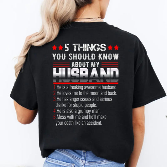 "5 Things You Should Know About My Husband" T-Shirt - Funny Wife Tee, Gift for Her from Husband-Pasimax