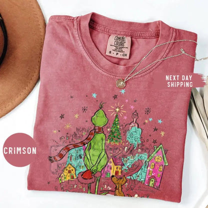 Comfort Colors® Max Dog & The Grinch Christmas Tee – Whoville Tree Holiday Graphic Shirt, Vintage Aesthetic Xmas