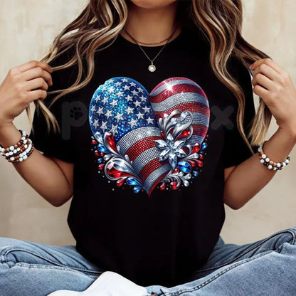 American Flag Heart Design T-Shirt – Patriotic USA Graphic Tee, Premium 100% Cotton Casual Crew Neck Top, Soft Lived-In Heavyweight Red White and Blue Heart Shirt, Made in USA